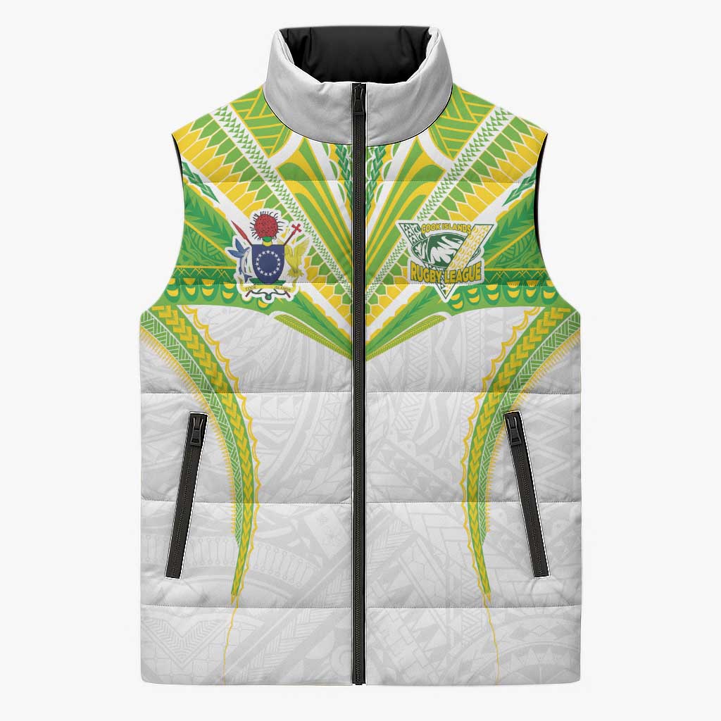 Custom Cook Islands Rugby Sleeveless Puffer Jacket Tatau Art Sport Style White Color LT03 Unisex White - Polynesian Pride