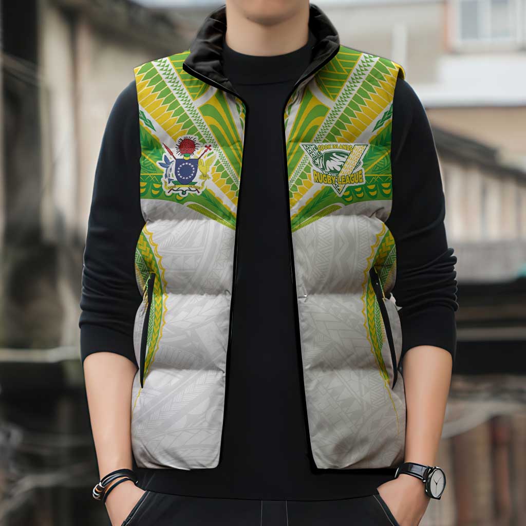 Custom Cook Islands Rugby Sleeveless Puffer Jacket Tatau Art Sport Style White Color LT03 - Polynesian Pride