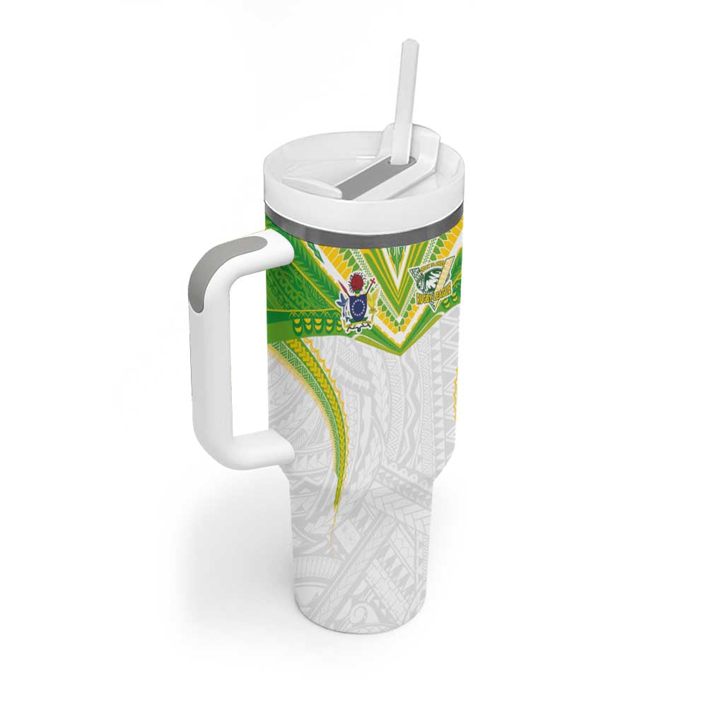 Custom Cook Islands Rugby Tumbler With Handle Tatau Art Sport Style White Color LT03 - Polynesian Pride