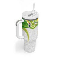 Custom Cook Islands Rugby Tumbler With Handle Tatau Art Sport Style White Color LT03 - Polynesian Pride