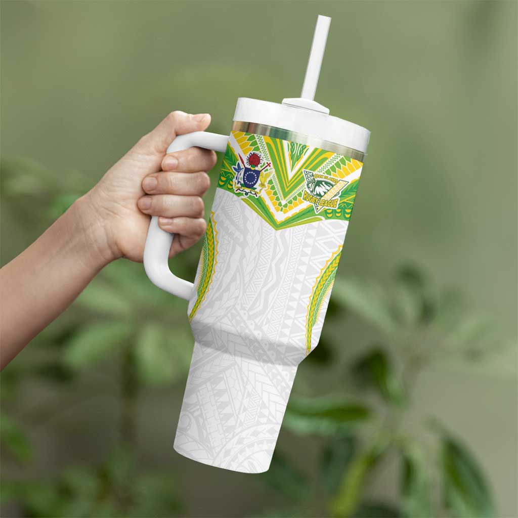 Custom Cook Islands Rugby Tumbler With Handle Tatau Art Sport Style White Color LT03 - Polynesian Pride