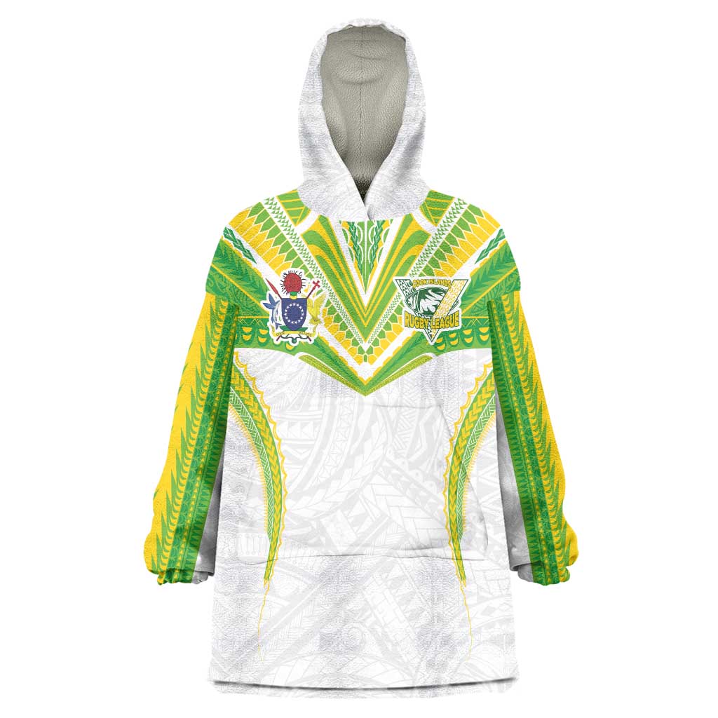 Custom Cook Islands Rugby Wearable Blanket Hoodie Tatau Art Sport Style White Color LT03 One Size White - Polynesian Pride
