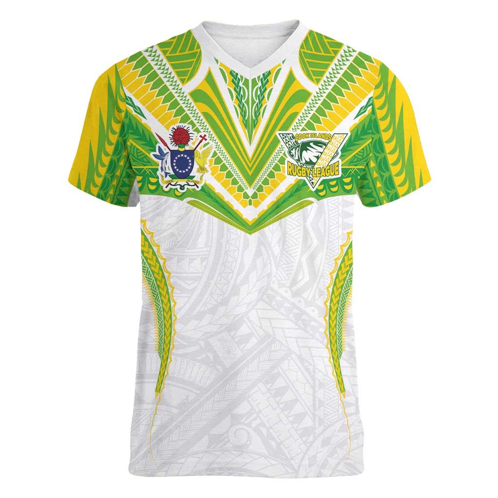 Custom Cook Islands Rugby Women V-Neck T-Shirt Tatau Art Sport Style White Color