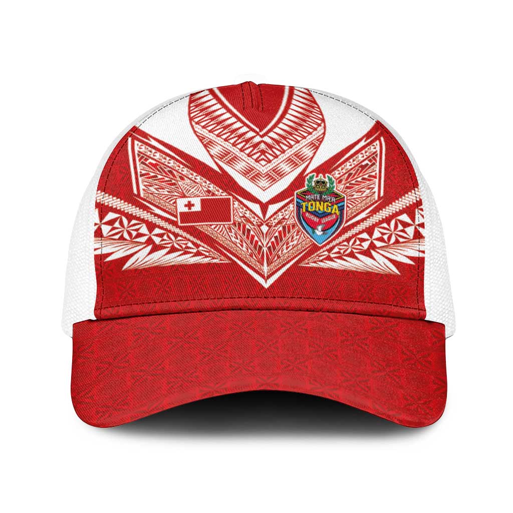 Tonga Rugby Baseball Net Cap Ngatu Motifs and Pacific Patterns LT03 One Size White Red - Polynesian Pride