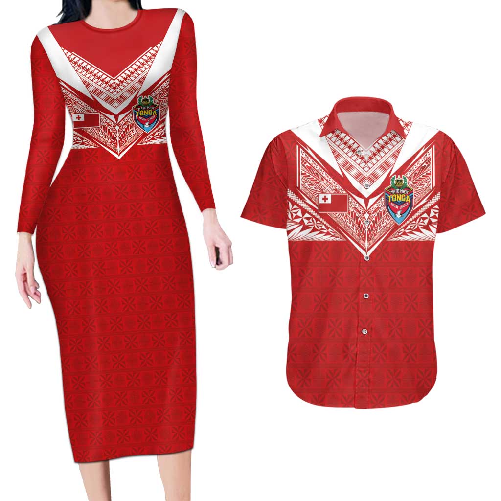Custom Tonga Rugby Couples Matching Long Sleeve Bodycon Dress and Hawaiian Shirt Ngatu Motifs and Pacific Patterns LT03 Red - Polynesian Pride