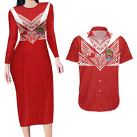 Custom Tonga Rugby Couples Matching Long Sleeve Bodycon Dress and Hawaiian Shirt Ngatu Motifs and Pacific Patterns LT03 Red - Polynesian Pride