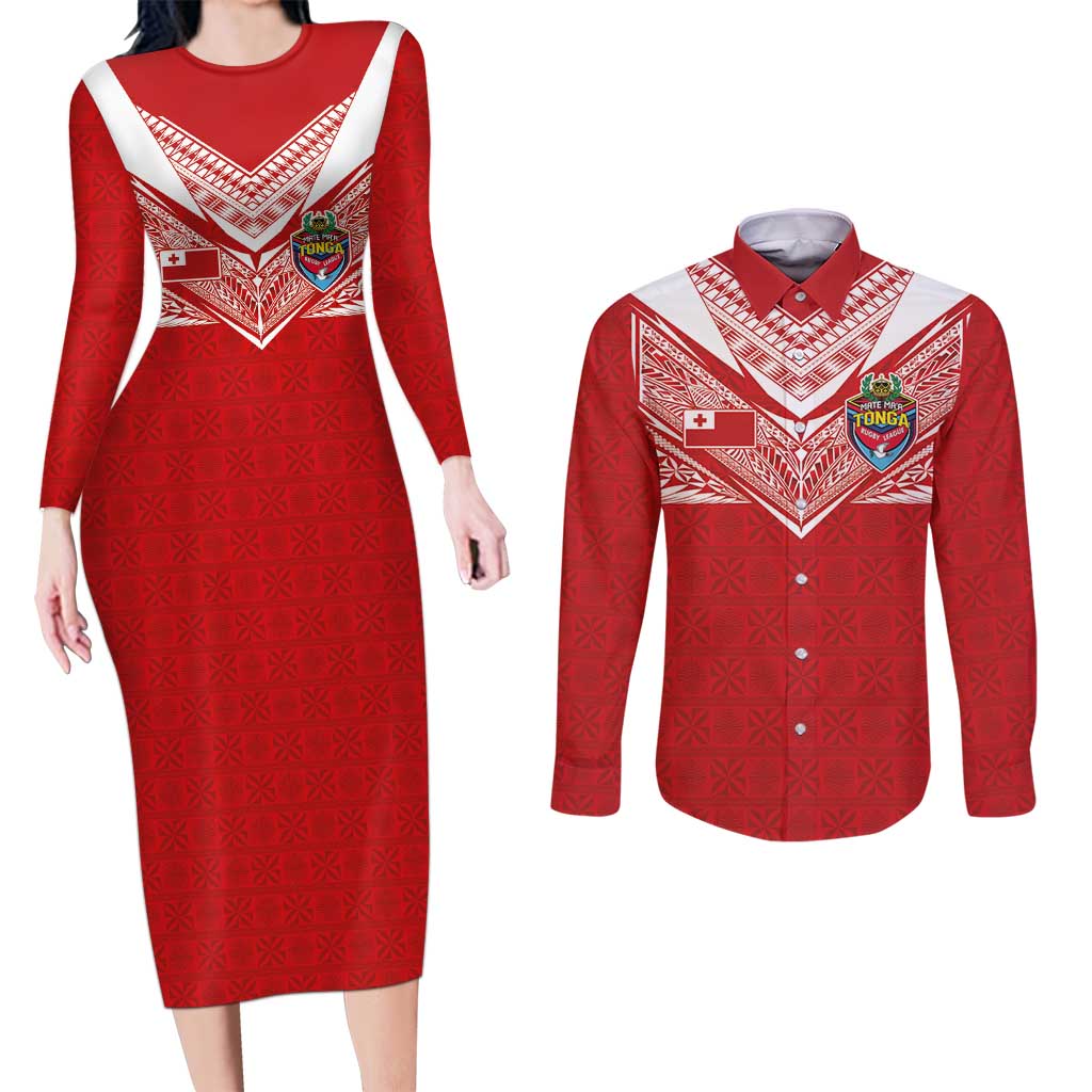 Custom Tonga Rugby Couples Matching Long Sleeve Bodycon Dress and Long Sleeve Button Shirt Ngatu Motifs and Pacific Patterns LT03 Red - Polynesian Pride
