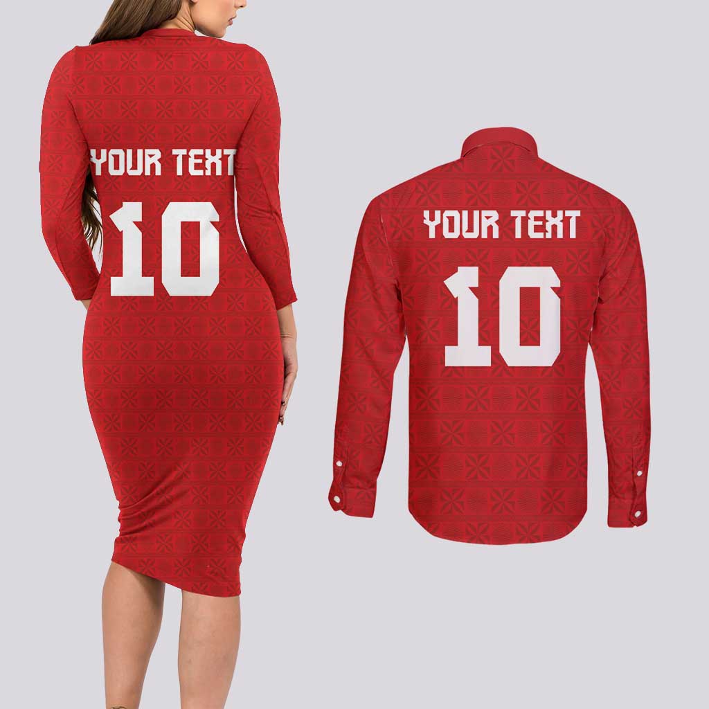 Custom Tonga Rugby Couples Matching Long Sleeve Bodycon Dress and Long Sleeve Button Shirt Ngatu Motifs and Pacific Patterns LT03 - Polynesian Pride