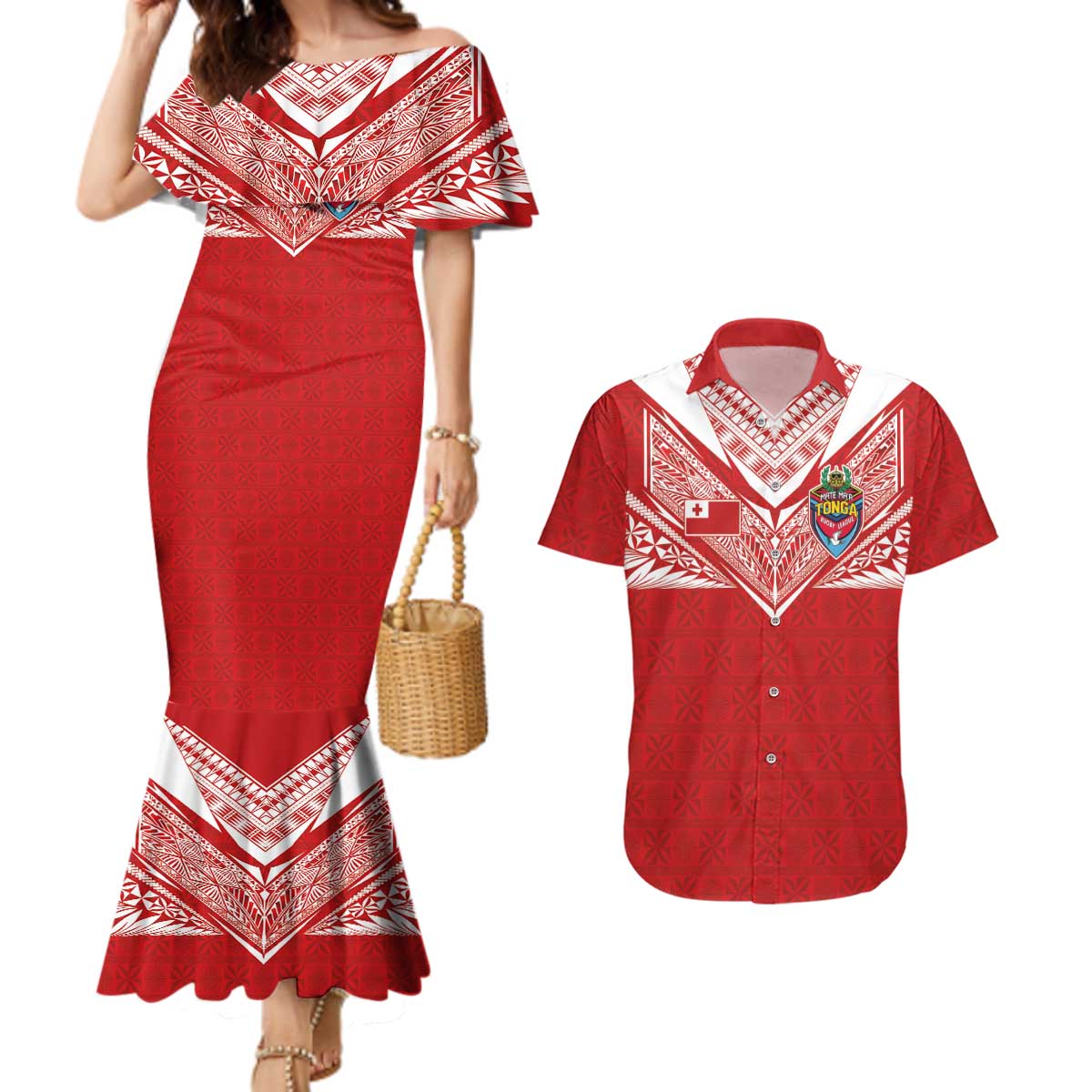 Custom Tonga Rugby Couples Matching Mermaid Dress and Hawaiian Shirt Ngatu Motifs and Pacific Patterns LT03 Red - Polynesian Pride