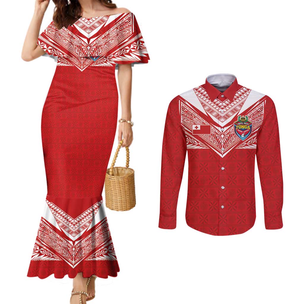 Custom Tonga Rugby Couples Matching Mermaid Dress and Long Sleeve Button Shirt Ngatu Motifs and Pacific Patterns LT03 Red - Polynesian Pride