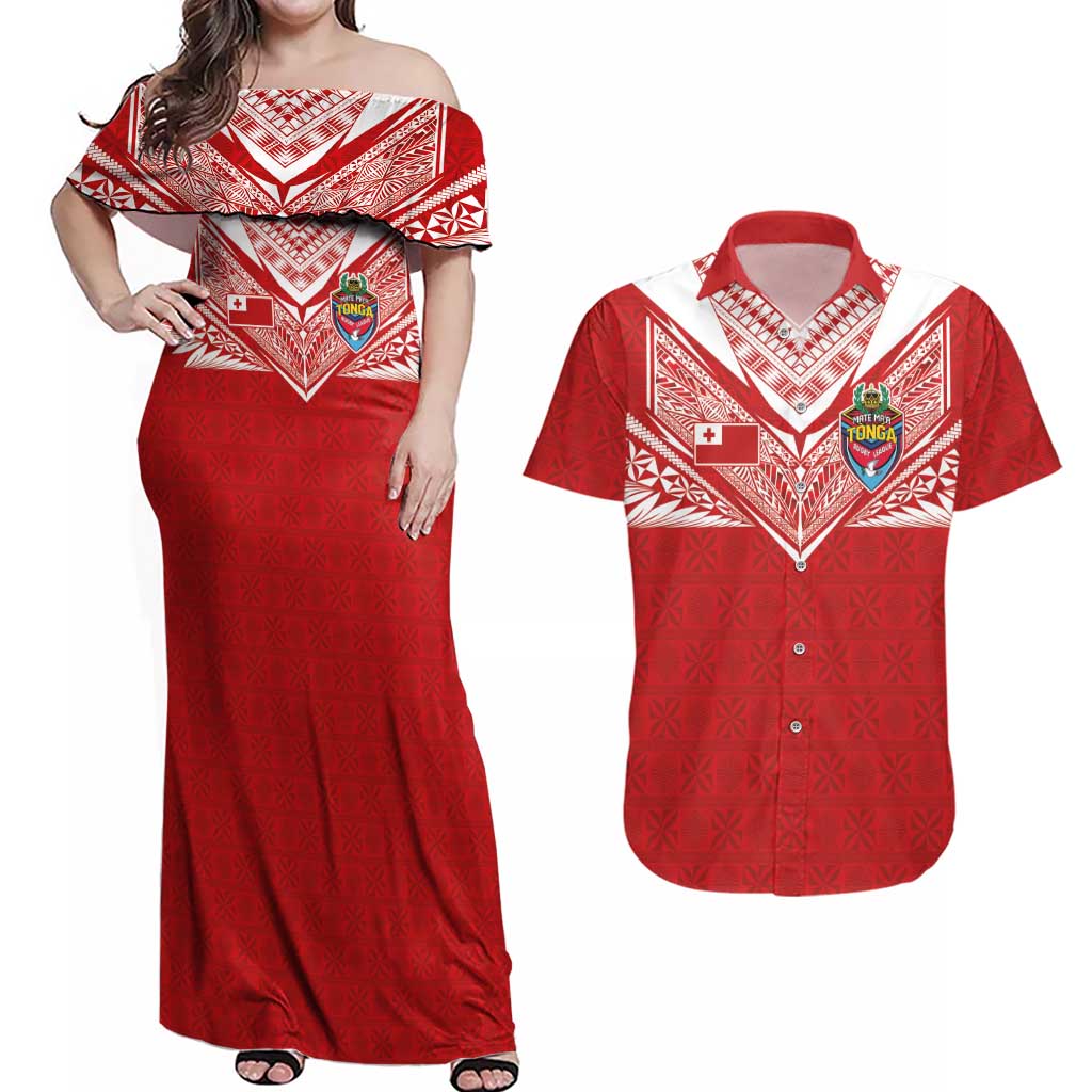 Custom Tonga Rugby Couples Matching Off Shoulder Maxi Dress and Hawaiian Shirt Ngatu Motifs and Pacific Patterns LT03 Red - Polynesian Pride