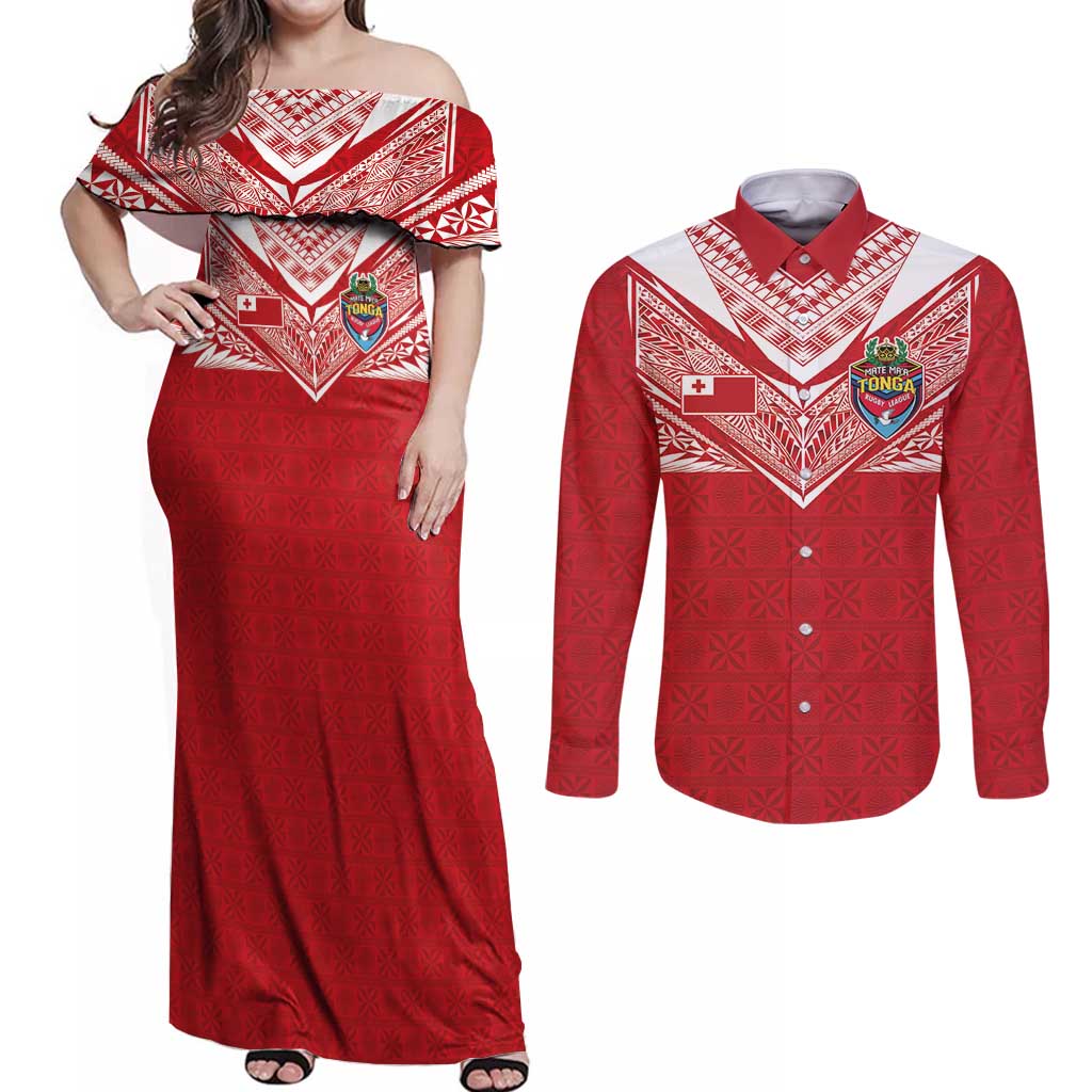 Custom Tonga Rugby Couples Matching Off Shoulder Maxi Dress and Long Sleeve Button Shirt Ngatu Motifs and Pacific Patterns LT03 Red - Polynesian Pride