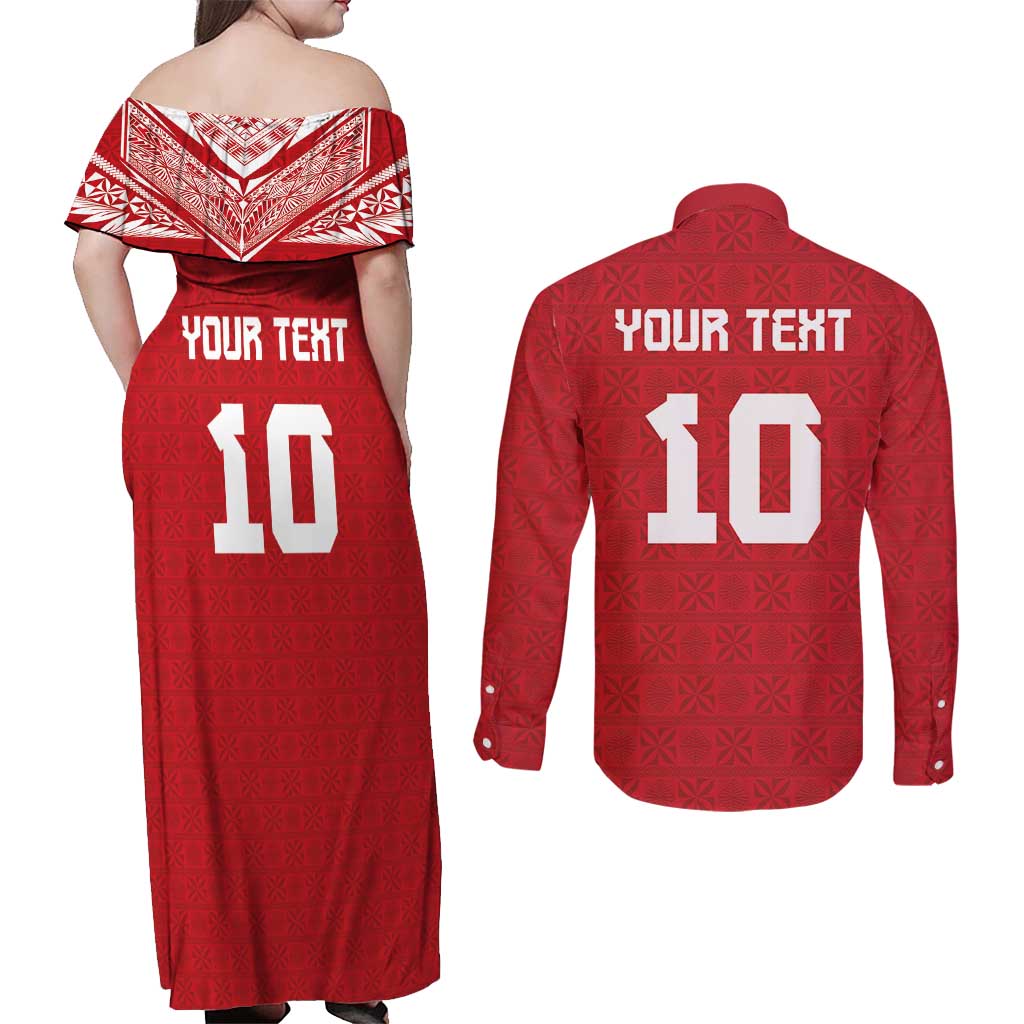 Custom Tonga Rugby Couples Matching Off Shoulder Maxi Dress and Long Sleeve Button Shirt Ngatu Motifs and Pacific Patterns LT03 - Polynesian Pride