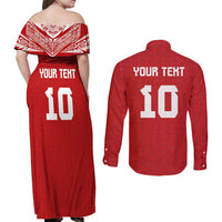 Custom Tonga Rugby Couples Matching Off Shoulder Maxi Dress and Long Sleeve Button Shirt Ngatu Motifs and Pacific Patterns LT03 - Polynesian Pride