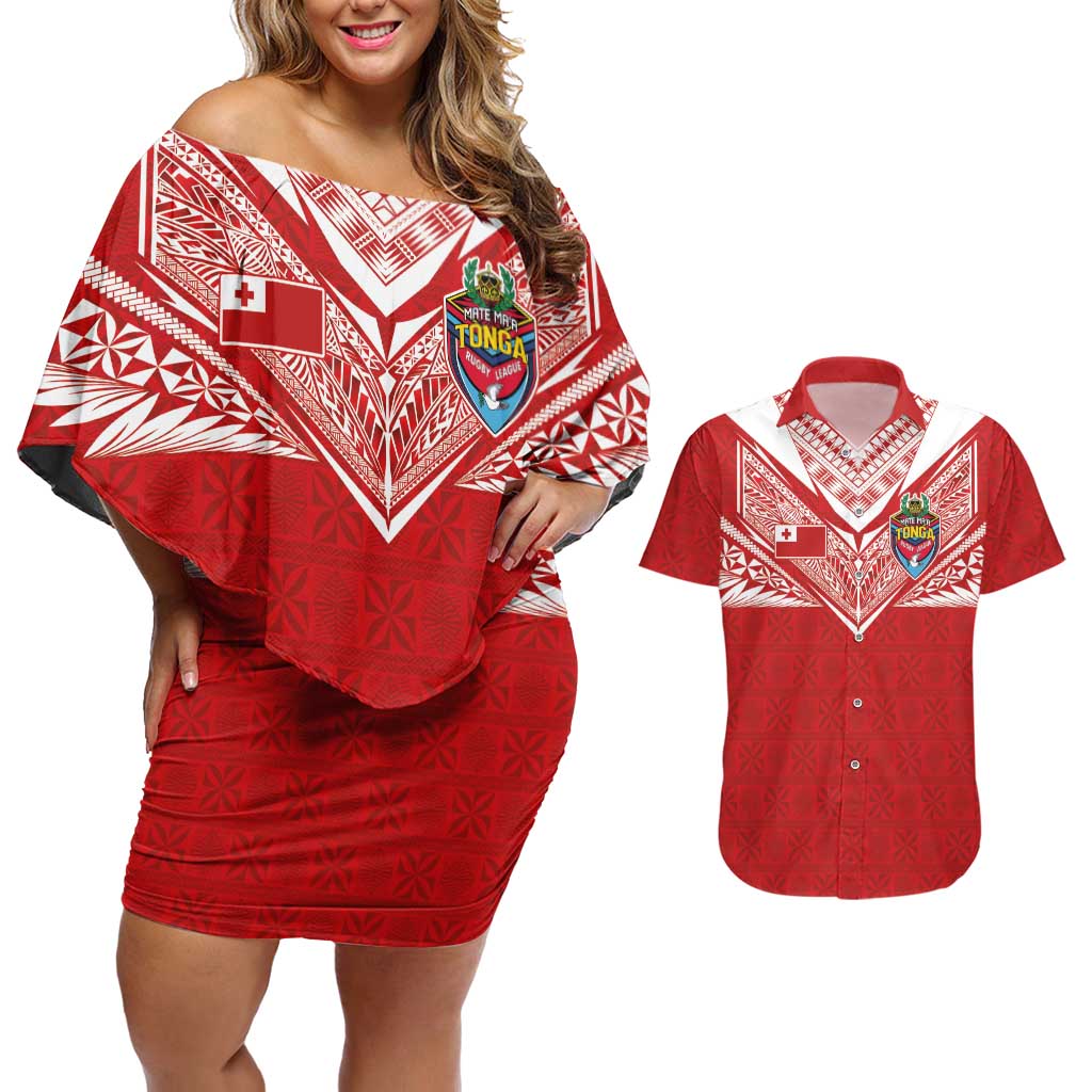 Custom Tonga Rugby Couples Matching Off Shoulder Short Dress and Hawaiian Shirt Ngatu Motifs and Pacific Patterns LT03 Red - Polynesian Pride