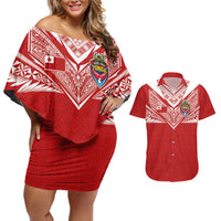 Custom Tonga Rugby Couples Matching Off Shoulder Short Dress and Hawaiian Shirt Ngatu Motifs and Pacific Patterns LT03 Red - Polynesian Pride