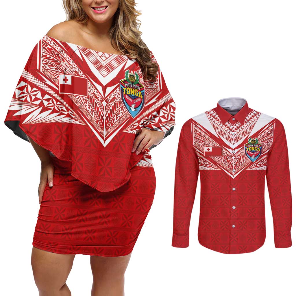 Custom Tonga Rugby Couples Matching Off Shoulder Short Dress and Long Sleeve Button Shirt Ngatu Motifs and Pacific Patterns LT03 Red - Polynesian Pride