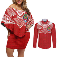 Custom Tonga Rugby Couples Matching Off Shoulder Short Dress and Long Sleeve Button Shirt Ngatu Motifs and Pacific Patterns LT03 Red - Polynesian Pride