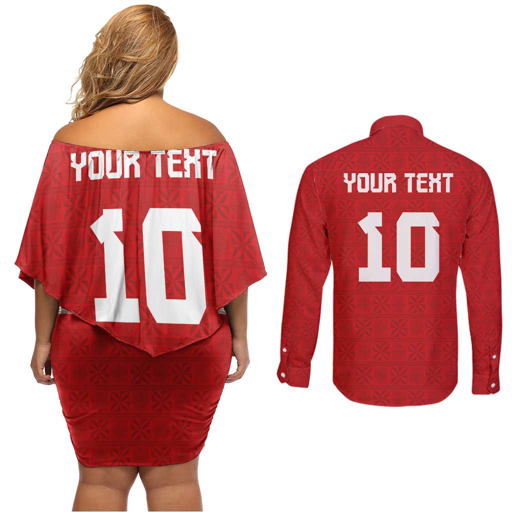 Custom Tonga Rugby Couples Matching Off Shoulder Short Dress and Long Sleeve Button Shirt Ngatu Motifs and Pacific Patterns LT03 - Polynesian Pride