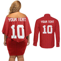 Custom Tonga Rugby Couples Matching Off Shoulder Short Dress and Long Sleeve Button Shirt Ngatu Motifs and Pacific Patterns LT03 - Polynesian Pride