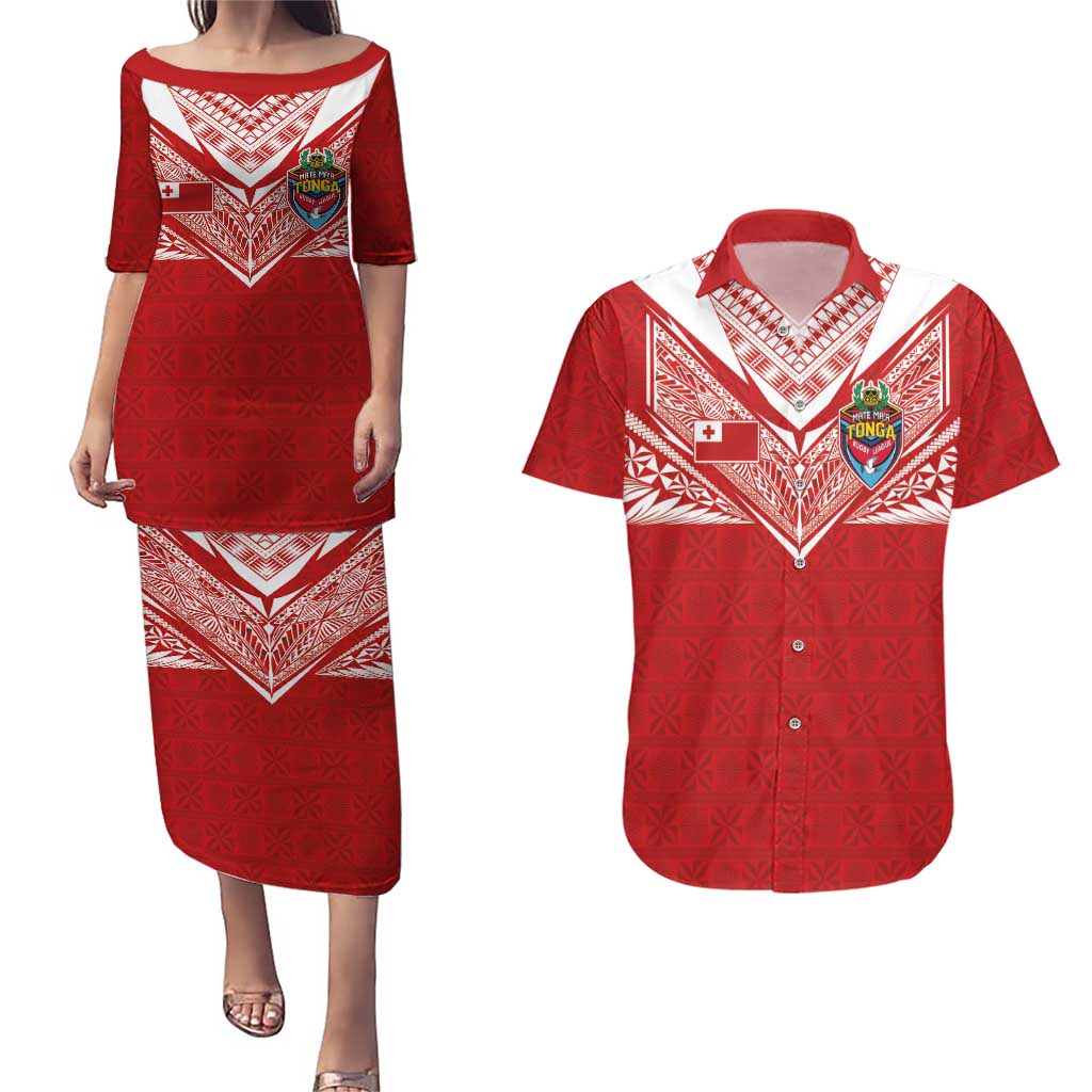 Custom Tonga Rugby Couples Matching Puletasi and Hawaiian Shirt Ngatu Motifs and Pacific Patterns LT03 Red - Polynesian Pride