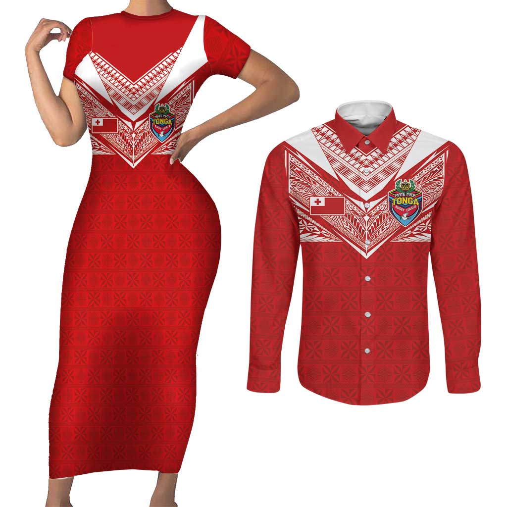 Custom Tonga Rugby Couples Matching Short Sleeve Bodycon Dress and Long Sleeve Button Shirt Ngatu Motifs and Pacific Patterns LT03 Red - Polynesian Pride