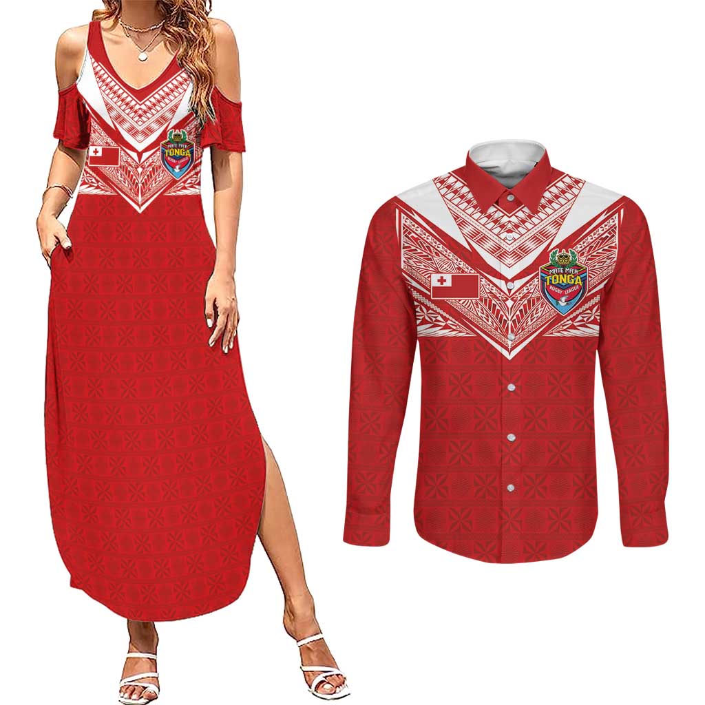 Custom Tonga Rugby Couples Matching Summer Maxi Dress and Long Sleeve Button Shirt Ngatu Motifs and Pacific Patterns LT03 Red - Polynesian Pride