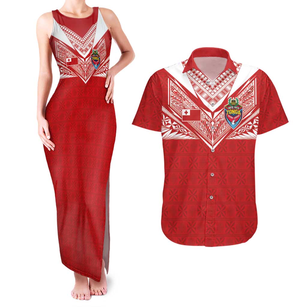 Custom Tonga Rugby Couples Matching Tank Maxi Dress and Hawaiian Shirt Ngatu Motifs and Pacific Patterns LT03 Red - Polynesian Pride
