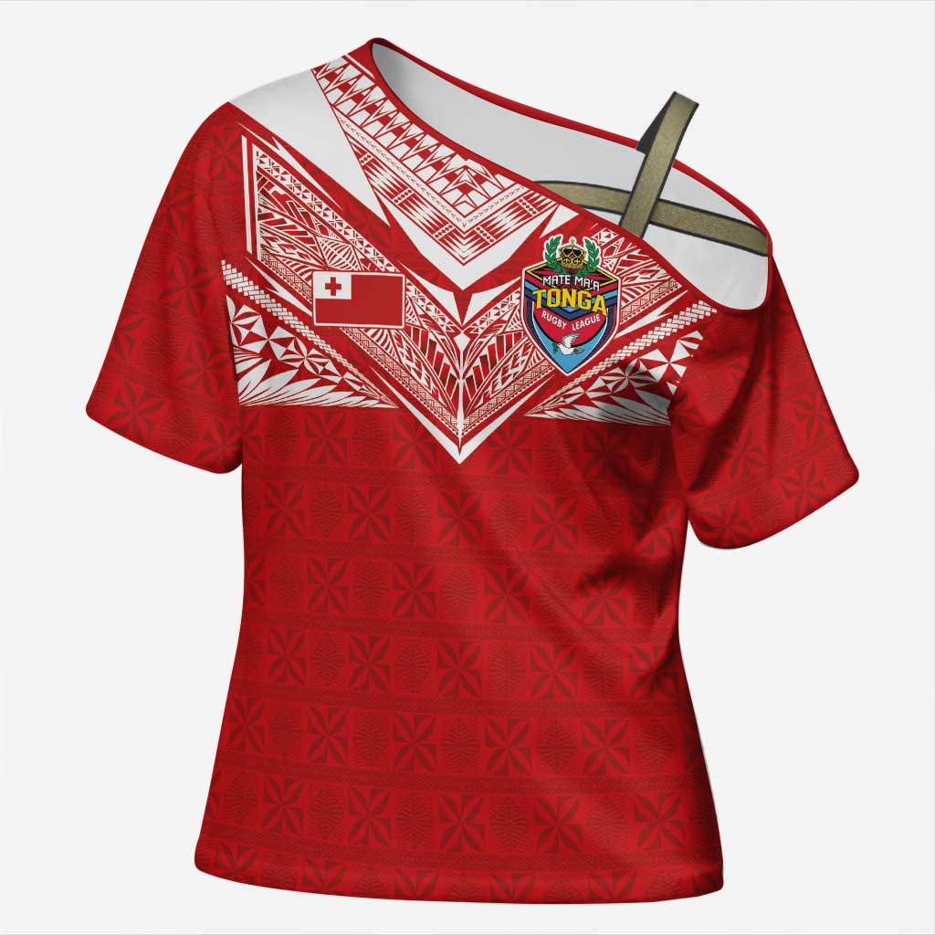 Custom Tonga Rugby Cross Shoulder Shirt Ngatu Motifs and Pacific Patterns LT03 Female Red - Polynesian Pride
