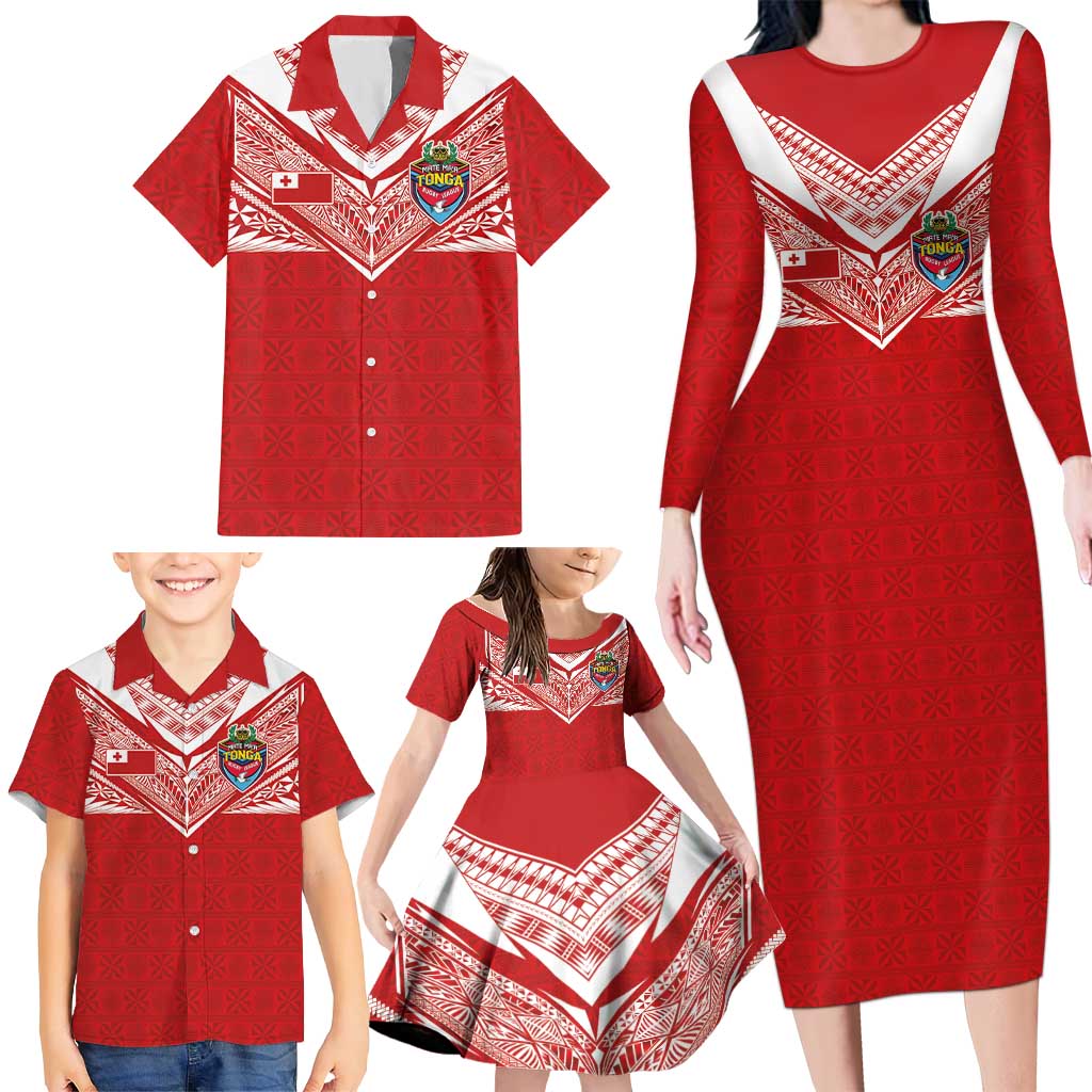 Custom Tonga Rugby Family Matching Long Sleeve Bodycon Dress and Hawaiian Shirt Ngatu Motifs and Pacific Patterns LT03 - Polynesian Pride
