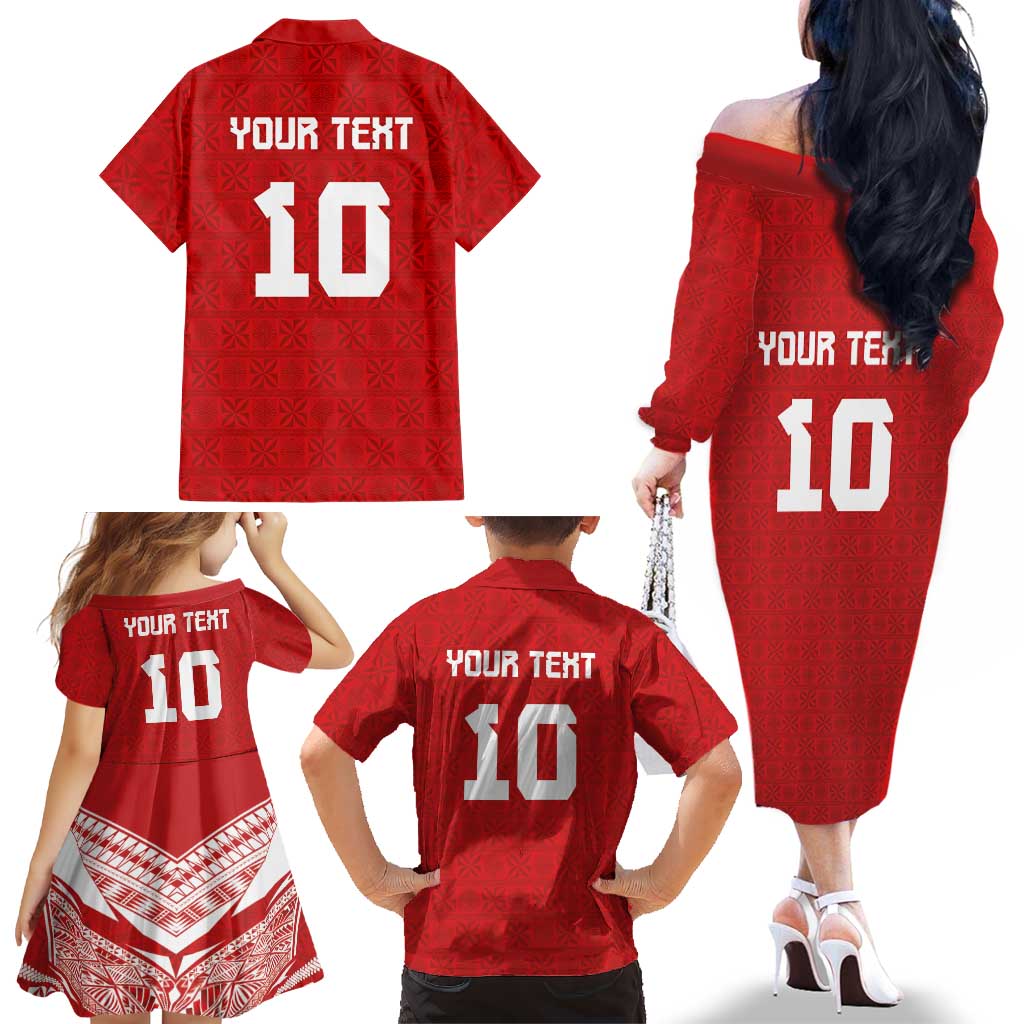 Custom Tonga Rugby Family Matching Off The Shoulder Long Sleeve Dress and Hawaiian Shirt Ngatu Motifs and Pacific Patterns