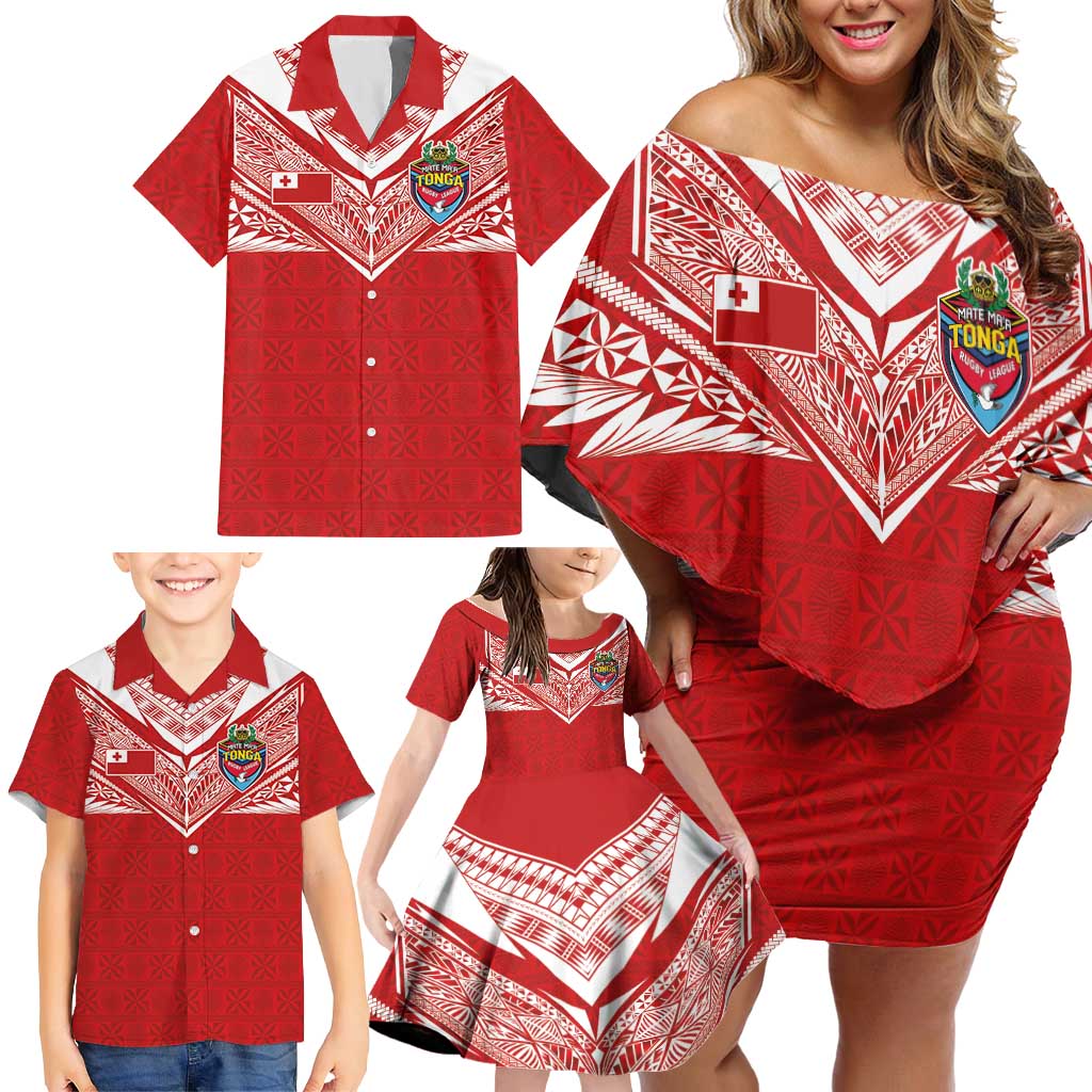 Custom Tonga Rugby Family Matching Off Shoulder Short Dress and Hawaiian Shirt Ngatu Motifs and Pacific Patterns