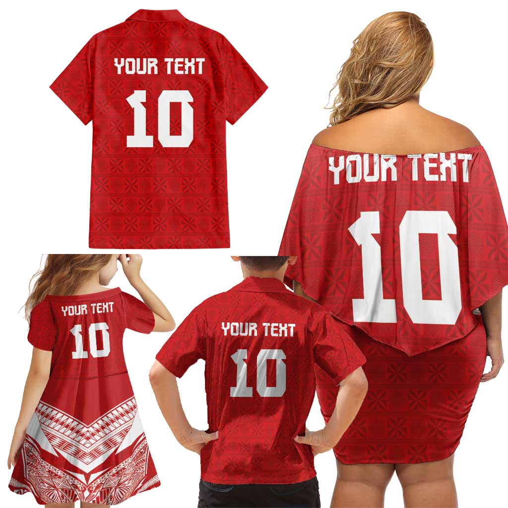 Custom Tonga Rugby Family Matching Off Shoulder Short Dress and Hawaiian Shirt Ngatu Motifs and Pacific Patterns