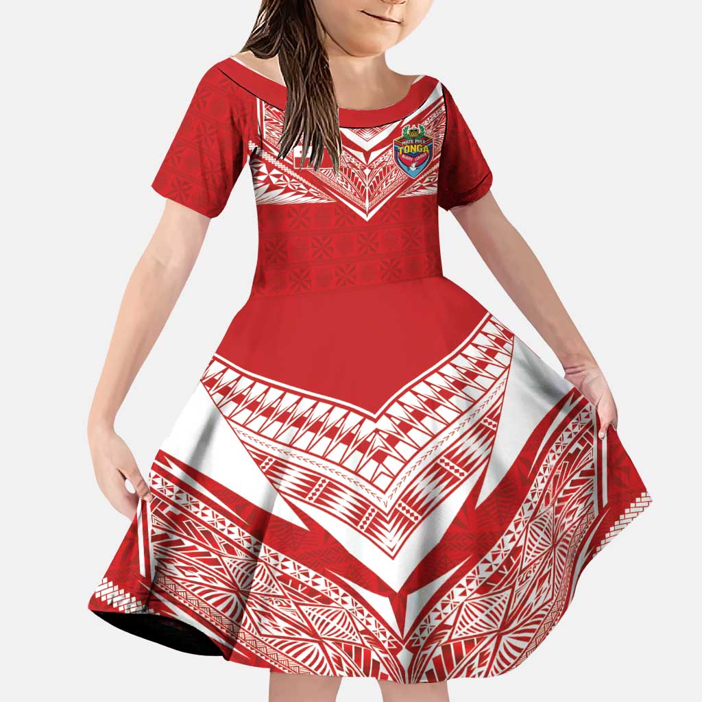 Custom Tonga Rugby Family Matching Puletasi and Hawaiian Shirt Ngatu Motifs and Pacific Patterns LT03 Daughter's Dress Red - Polynesian Pride