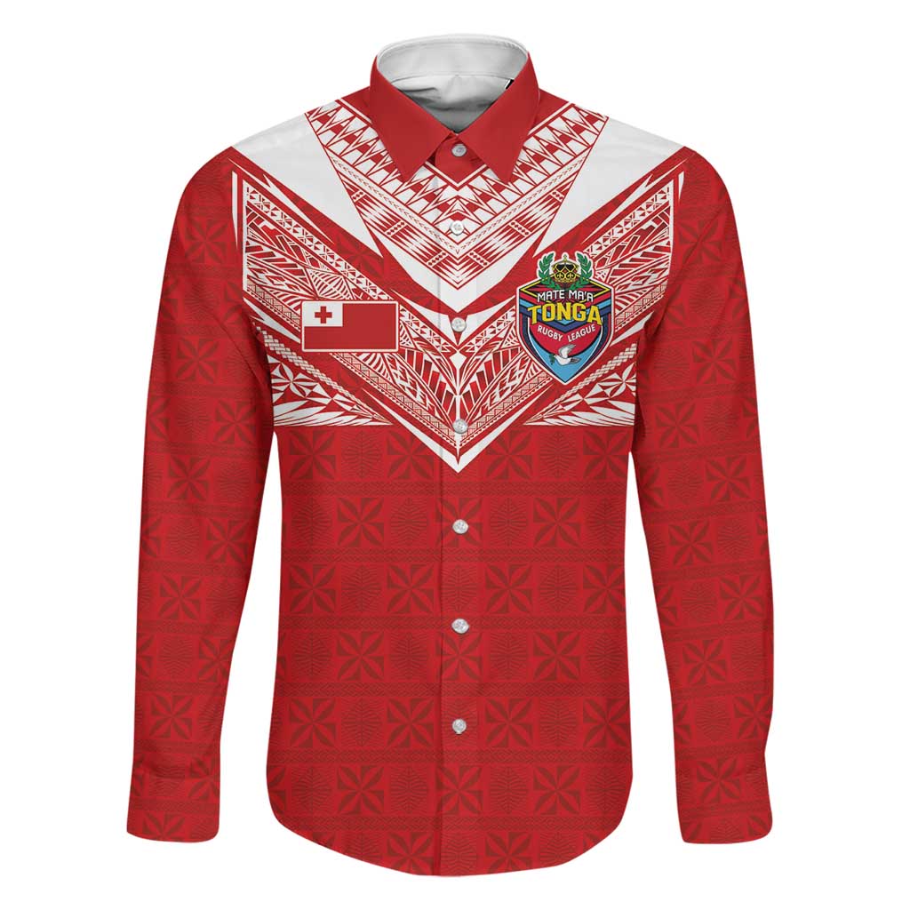 Custom Tonga Rugby Family Matching Puletasi and Hawaiian Shirt Ngatu Motifs and Pacific Patterns LT03 Dad's Shirt - Long Sleeve Red - Polynesian Pride
