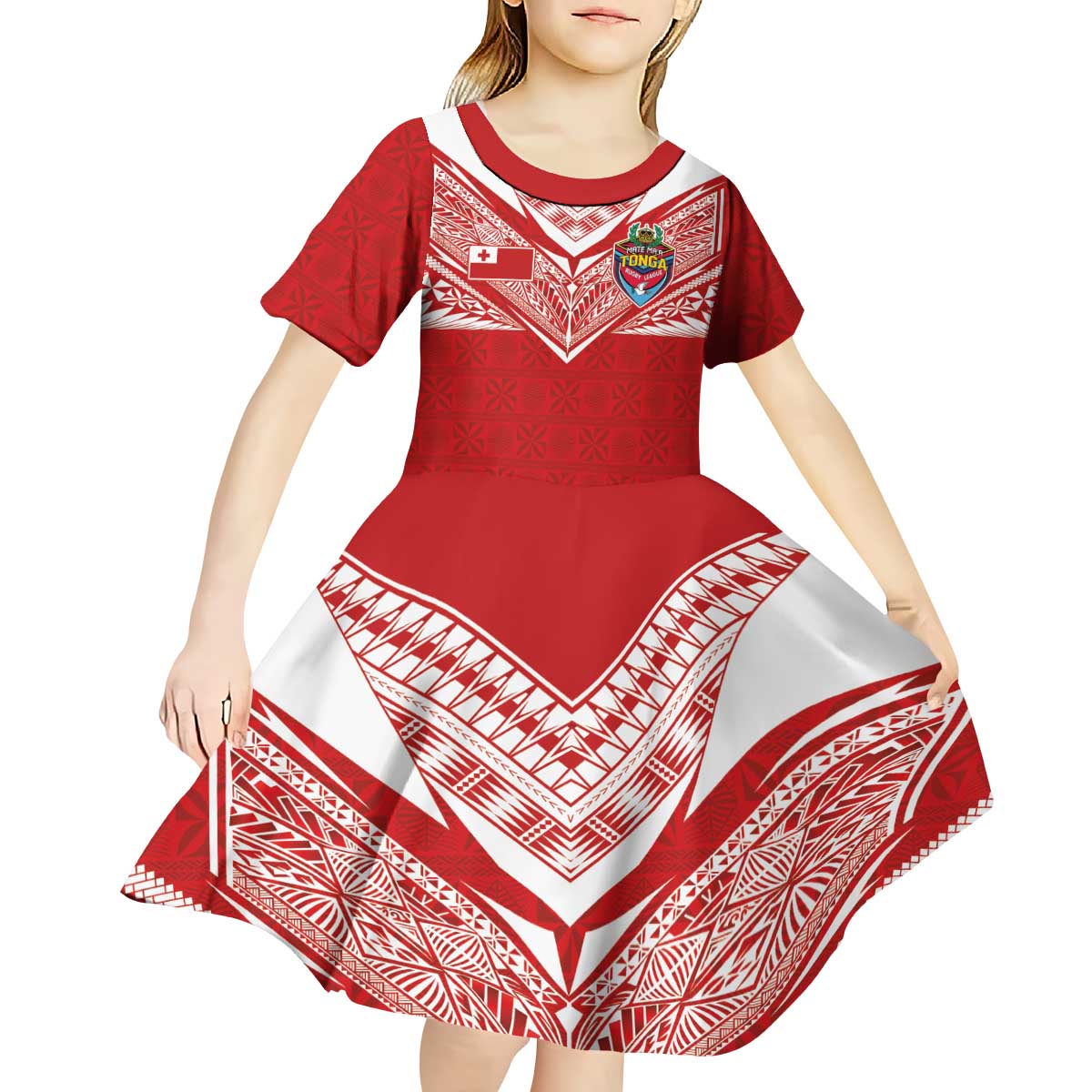 Custom Tonga Rugby Kid Short Sleeve Dress Ngatu Motifs and Pacific Patterns LT03 - Polynesian Pride