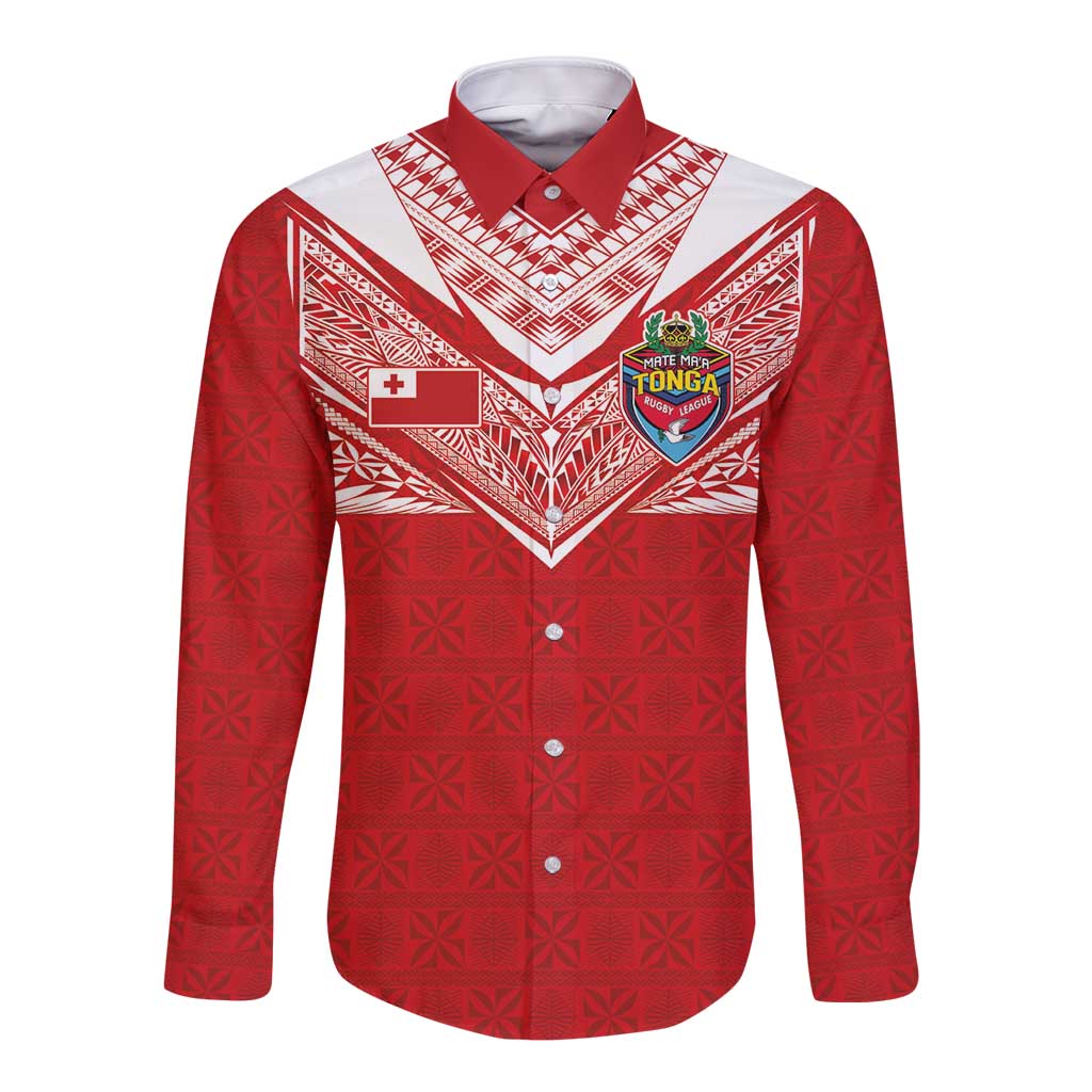 Custom Tonga Rugby Long Sleeve Button Shirt Ngatu Motifs and Pacific Patterns LT03 Unisex Red - Polynesian Pride