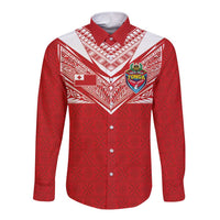 Custom Tonga Rugby Long Sleeve Button Shirt Ngatu Motifs and Pacific Patterns LT03 Unisex Red - Polynesian Pride