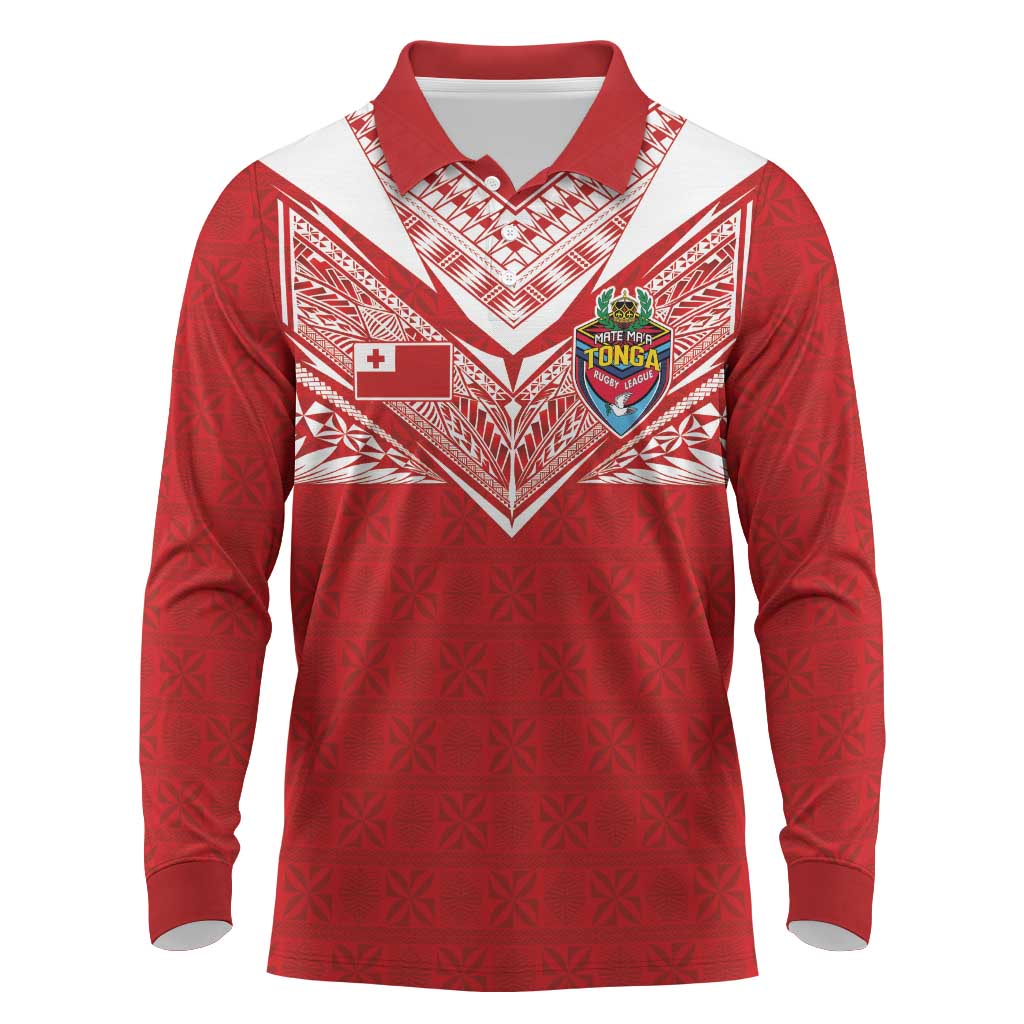 Custom Tonga Rugby Long Sleeve Polo Shirt Ngatu Motifs and Pacific Patterns LT03 Red - Polynesian Pride