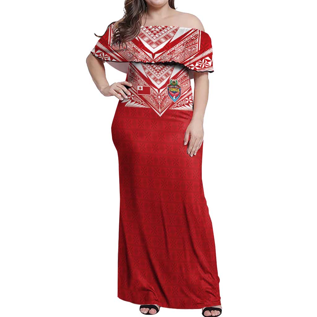 Custom Tonga Rugby Off Shoulder Maxi Dress Ngatu Motifs and Pacific Patterns LT03 Women Red - Polynesian Pride