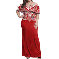 Custom Tonga Rugby Off Shoulder Maxi Dress Ngatu Motifs and Pacific Patterns LT03 Women Red - Polynesian Pride