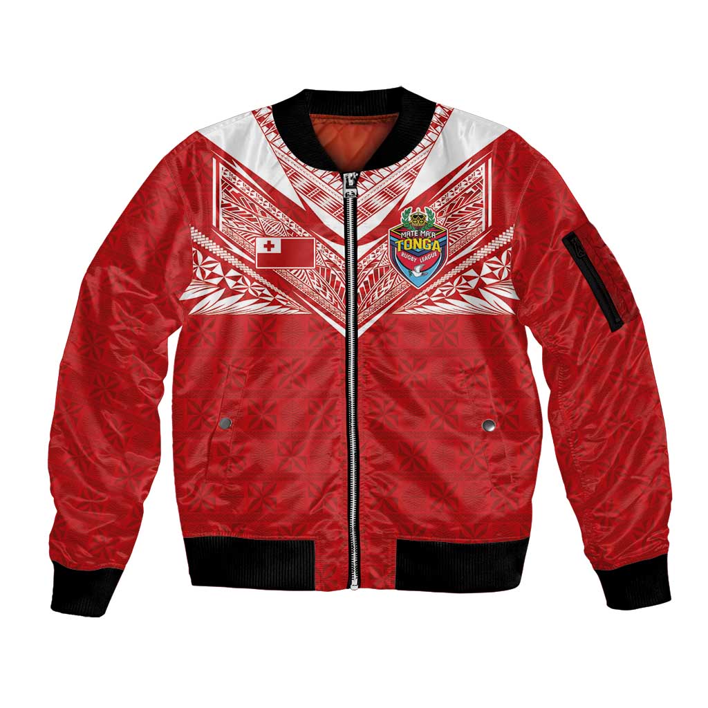 Custom Tonga Rugby Sleeve Zip Bomber Jacket Ngatu Motifs and Pacific Patterns LT03 Unisex Red - Polynesian Pride