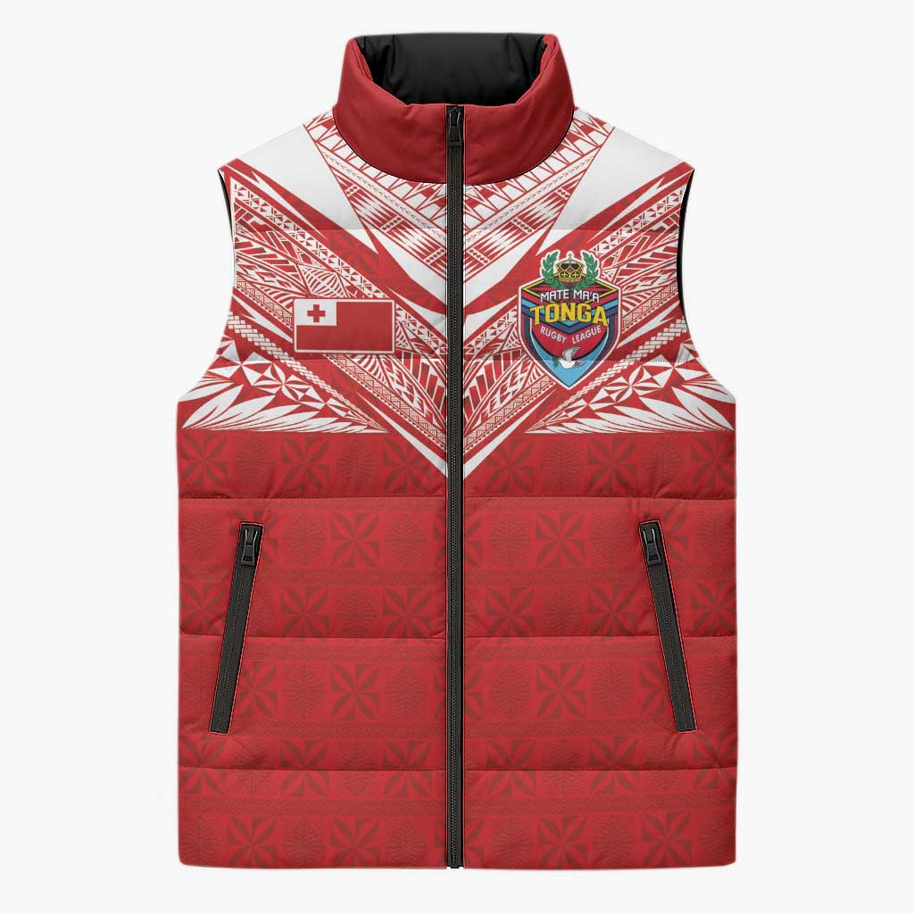 Custom Tonga Rugby Sleeveless Puffer Jacket Ngatu Motifs and Pacific Patterns LT03 Unisex Red - Polynesian Pride