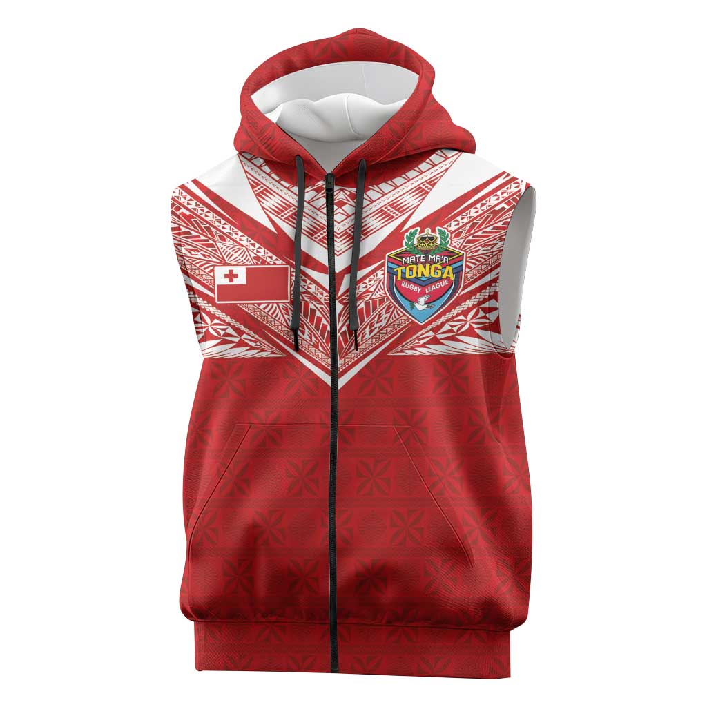 Custom Tonga Rugby Sleeveless Zip Hoodie Ngatu Motifs and Pacific Patterns LT03 Red - Polynesian Pride