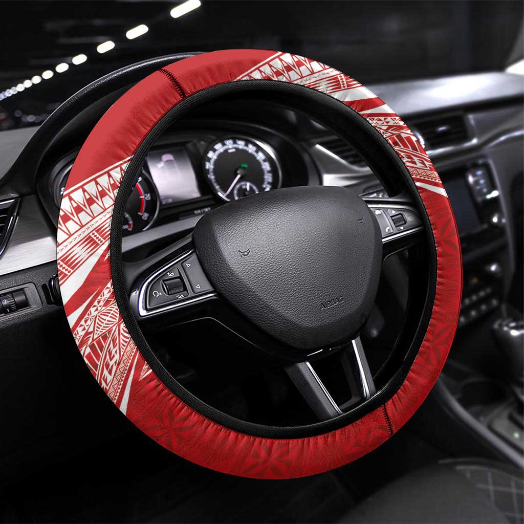 Tonga Rugby Steering Wheel Cover Ngatu Motifs and Pacific Patterns LT03 Universal Fit Red - Polynesian Pride