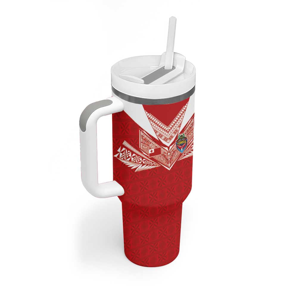 Custom Tonga Rugby Tumbler With Handle Ngatu Motifs and Pacific Patterns LT03 - Polynesian Pride