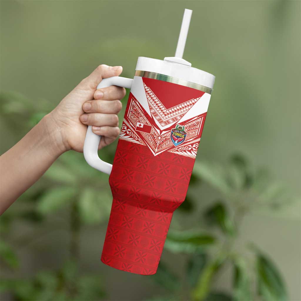 Custom Tonga Rugby Tumbler With Handle Ngatu Motifs and Pacific Patterns LT03 - Polynesian Pride