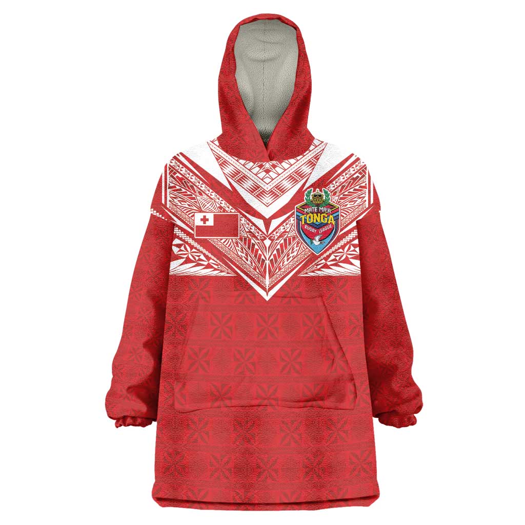 Custom Tonga Rugby Wearable Blanket Hoodie Ngatu Motifs and Pacific Patterns LT03 One Size Red - Polynesian Pride