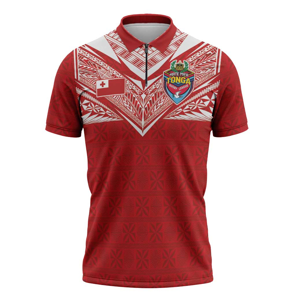 Custom Tonga Rugby Zipper Polo Shirt Ngatu Motifs and Pacific Patterns LT03 Red - Polynesian Pride