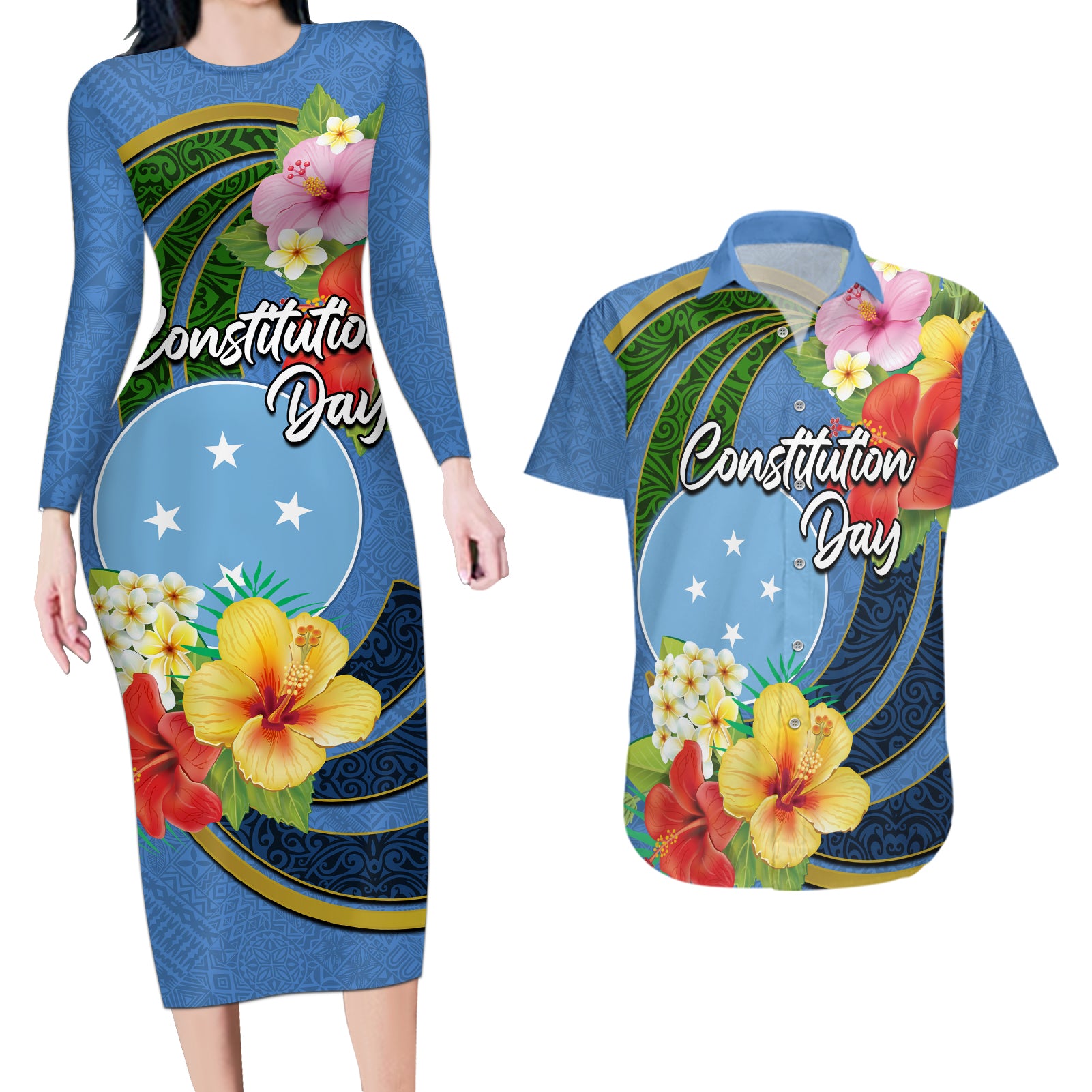 Micronesia Constitution Day Couples Matching Long Sleeve Bodycon Dress and Hawaiian Shirt Hibiscus and Tapa Tribal Pattern LT03 Blue - Polynesian Pride